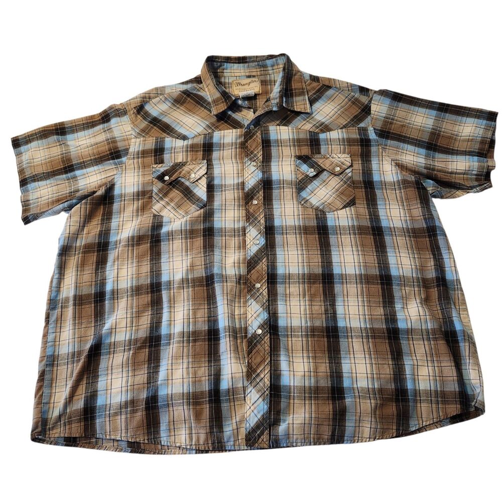 Wrangler Men's 3XL Brown Blue Plaid Western Fashion Pearl Snap SS Shirt Cowboy